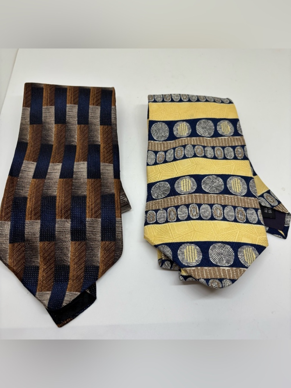 Classic Men's Necktie - Navy, Brown, Yellow Pattern